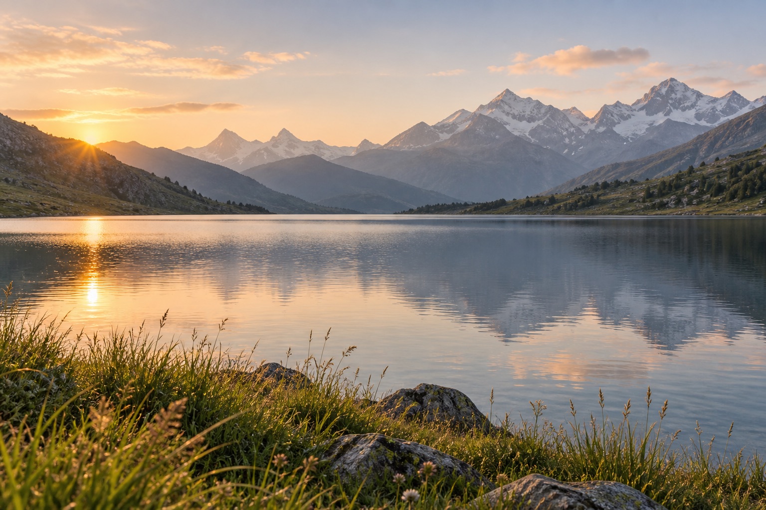 A quiet alpine lake in the morning light